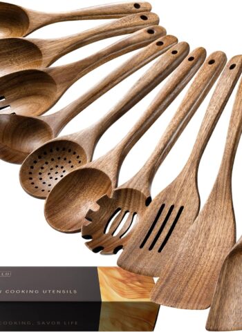 Wooden Spoons for Cooking, 10-Piece Acacia Wood Cooking Utensil Set | Spoons and spatulas stir, mix, flip and serve; balanced handles offer control while staying gentle on nonstick cookware.