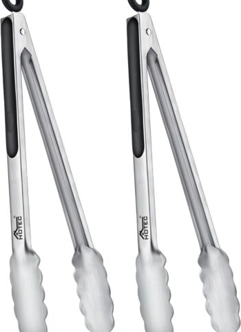Hotec Stainless Steel Kitchen Tongs, Locking Metal Food Tongs for Cooking, Serving, BBQ, Grill & Air Fryer with Non-Slip Grip, Set of 2-12"