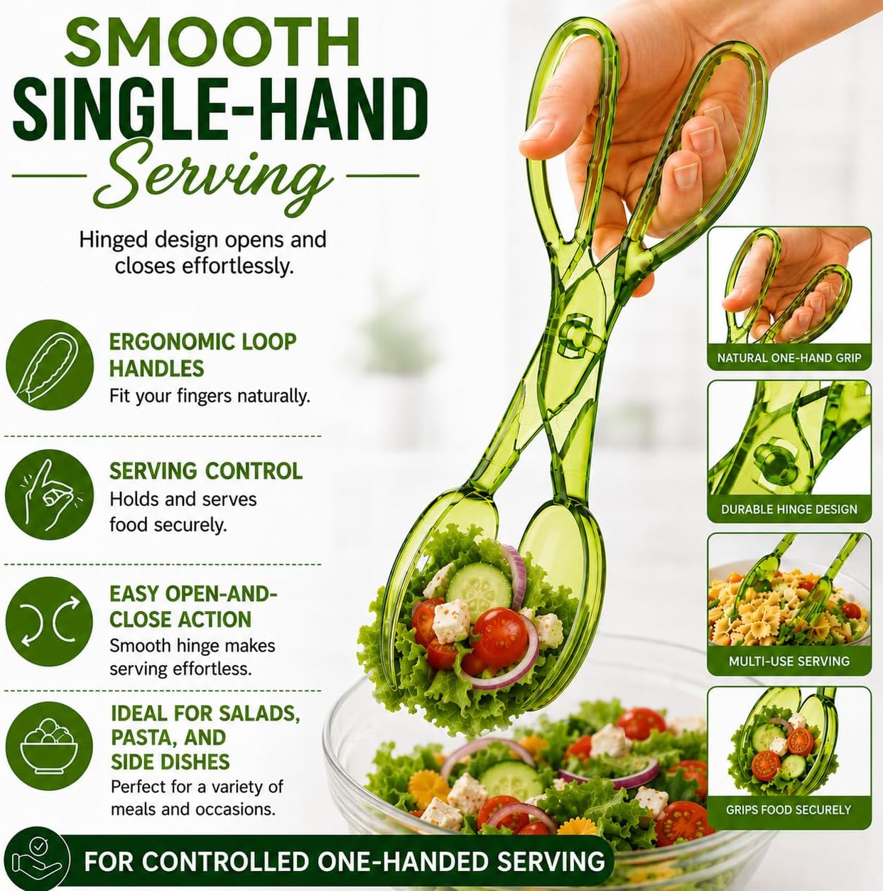 HIC Kitchen Salad Tong, Hinged Design, Detachable Fork and Spoon Green - Image 2