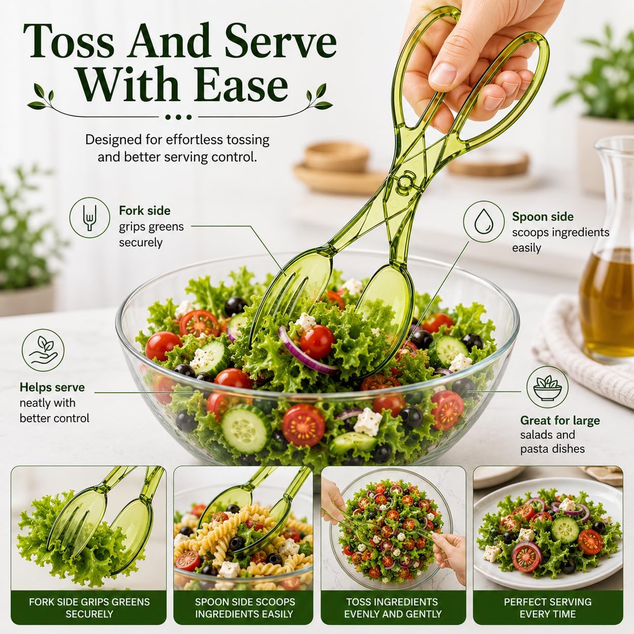 HIC Kitchen Salad Tong, Hinged Design, Detachable Fork and Spoon Green - Image 4