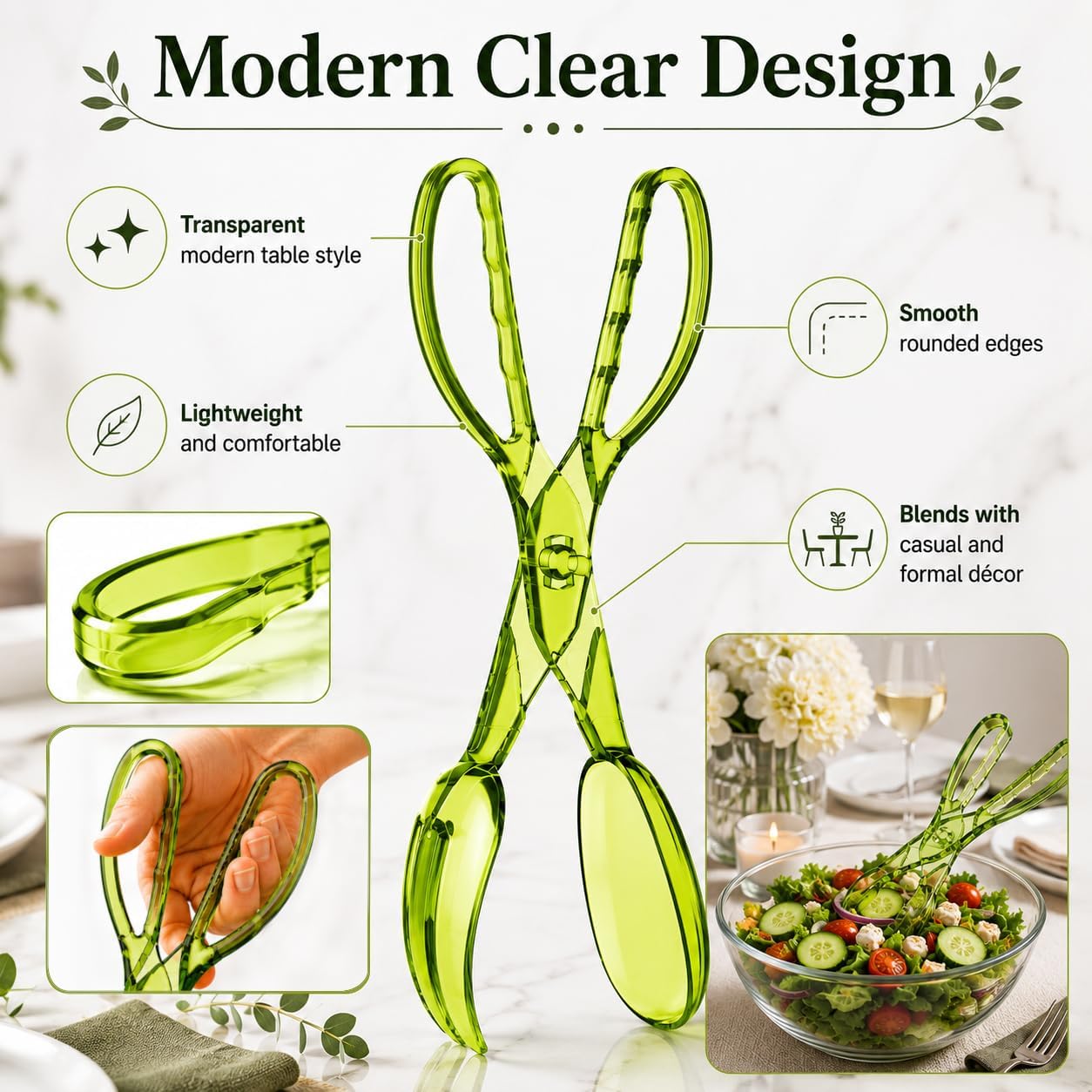 HIC Kitchen Salad Tong, Hinged Design, Detachable Fork and Spoon Green - Image 5